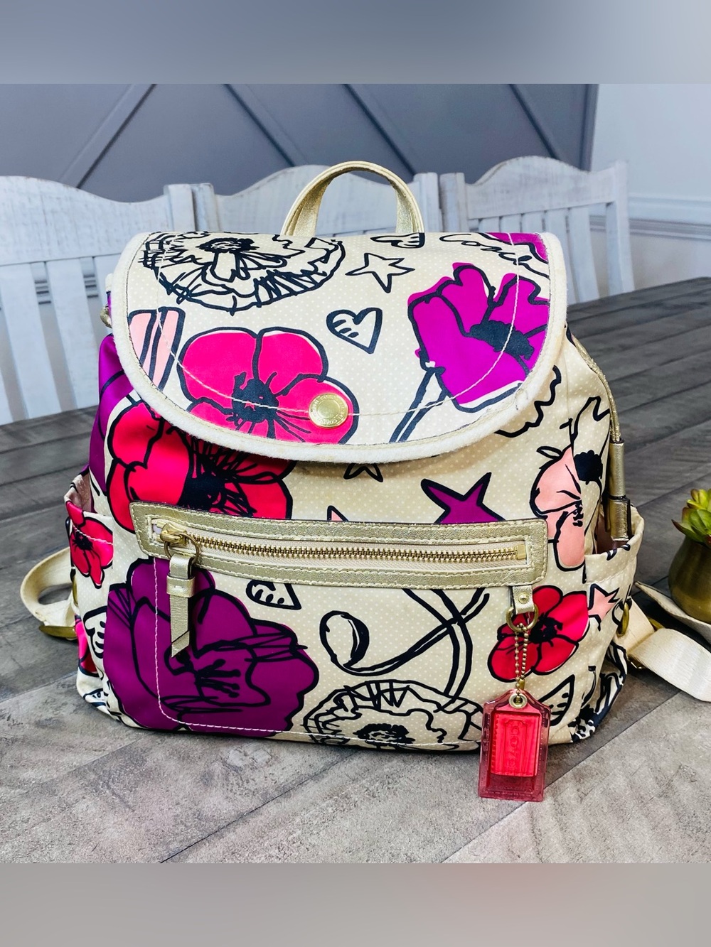 Coach Poppy Graffiti Floral Backpack Gold Metallic Trim Pink Cream F19284 Rare